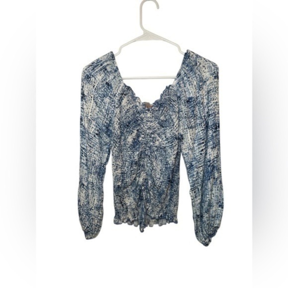 Blue Smocked Blouse with Puff Sleeves and Tie Front - Picture 1 of 5